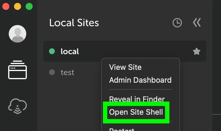 Screenshot showing the “Open Site Shell” option in the site contextual menu in the “Local” app.