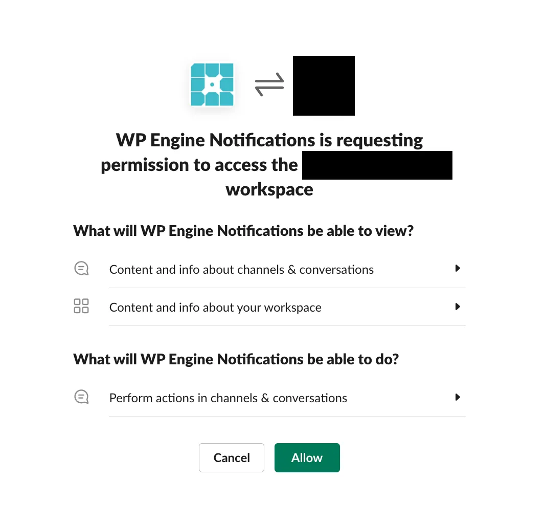 Confirm connection between WP Engine app and your workspace