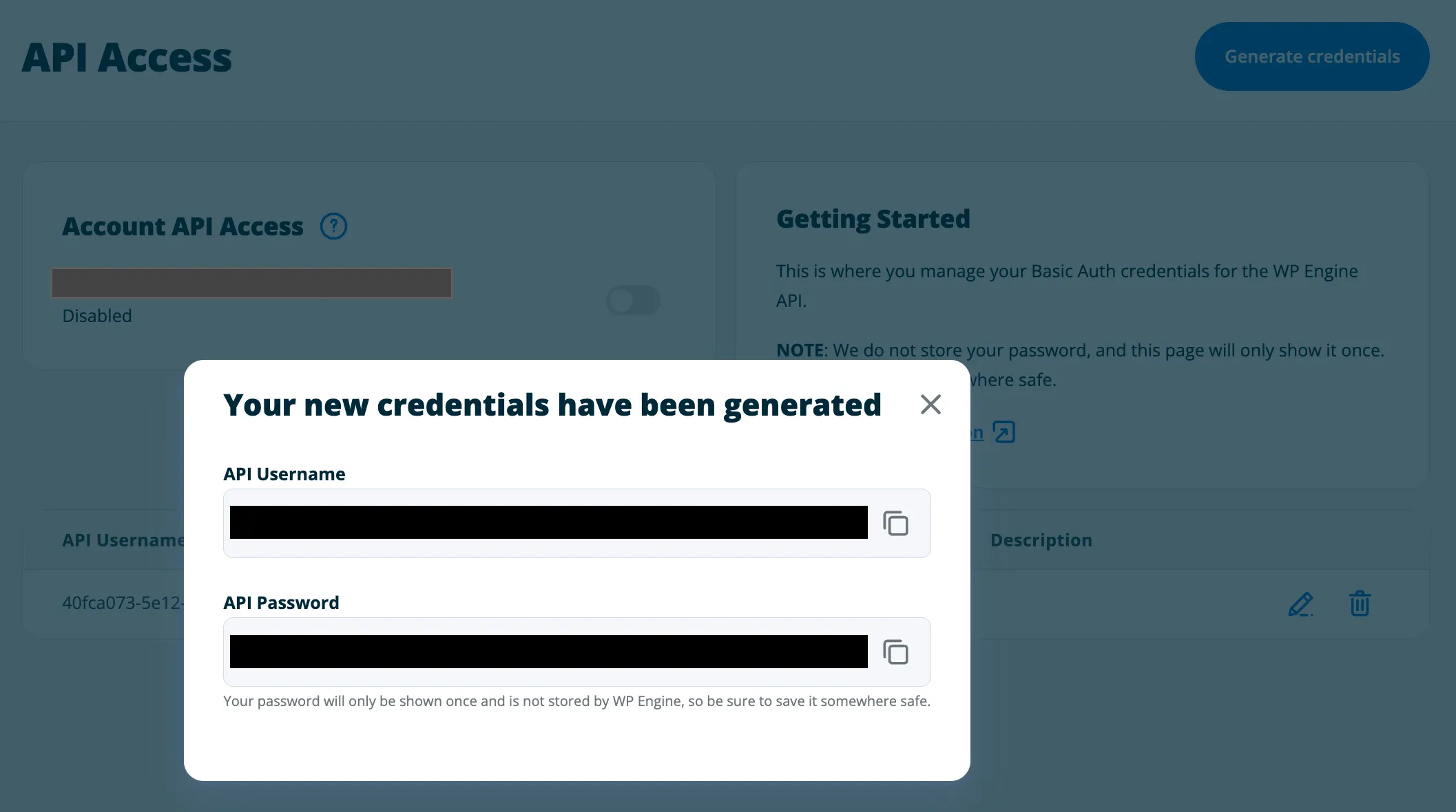 Credentials modal screenshot from portal