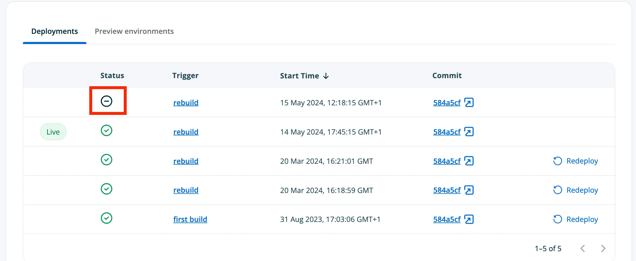 Cancellled build in the Builds table