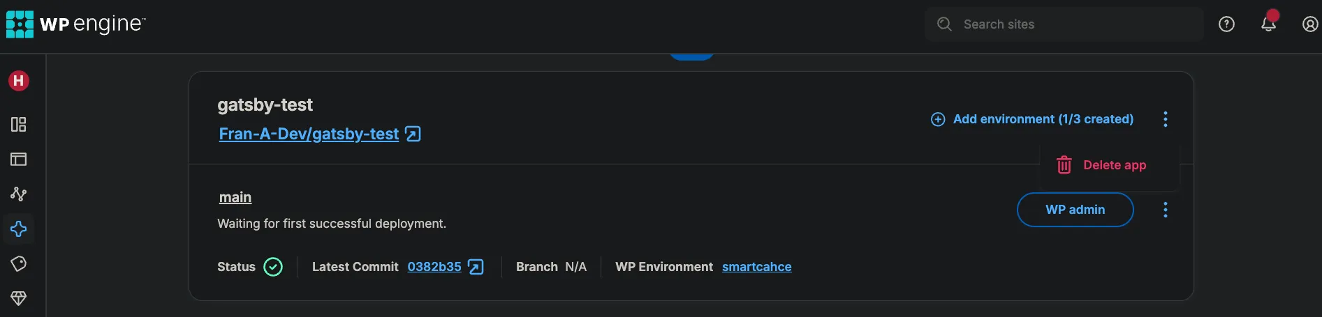 Node.js app deletion in the Headless Platform dashboard.