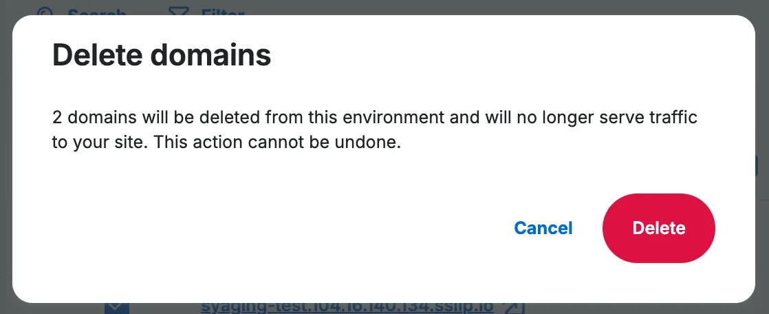 Screenshot of the delete domain modal