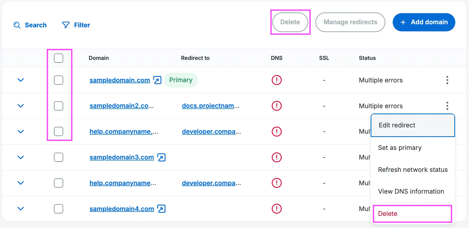 Screenshot of the delete domain button options