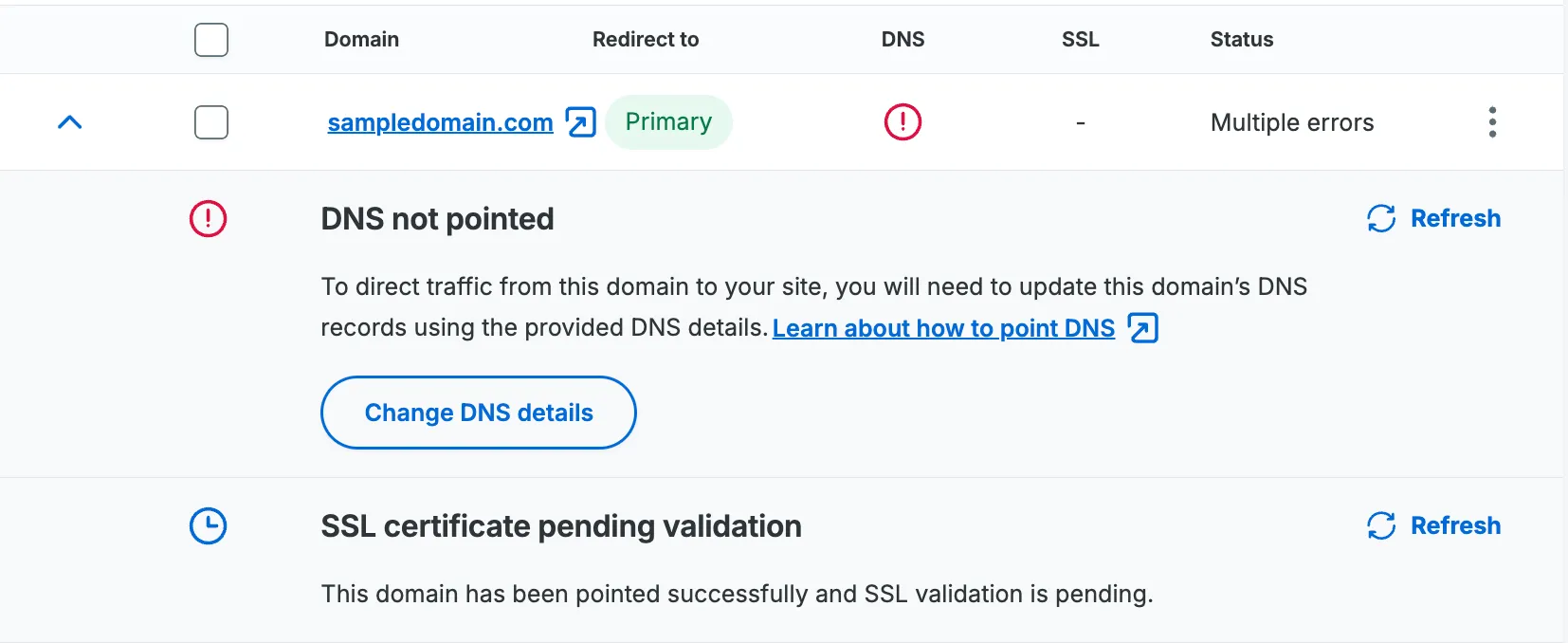 Domain SSL Status with Error