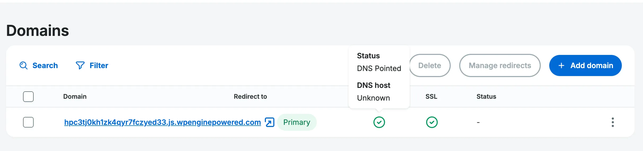 Domain DNS status with tooltip