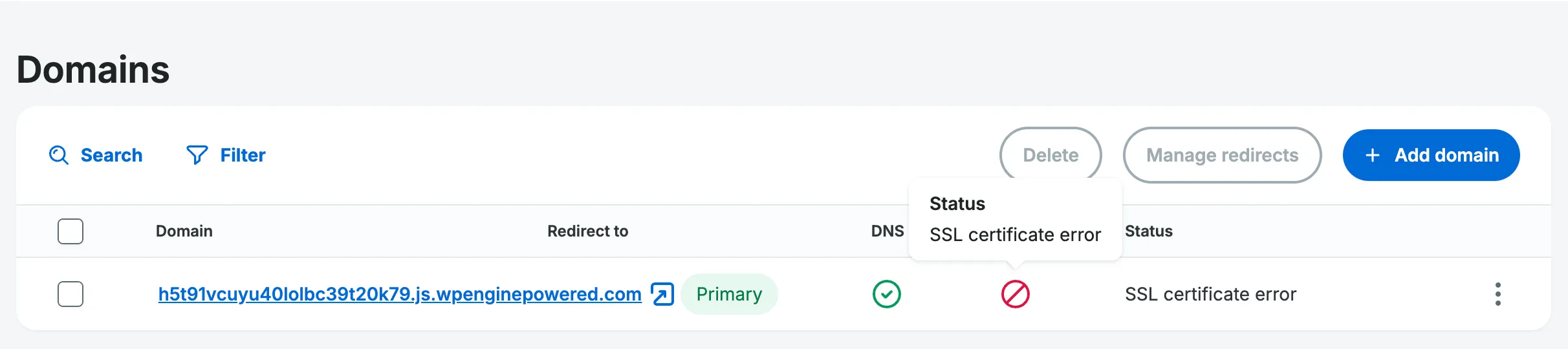 Domain SSL status with error