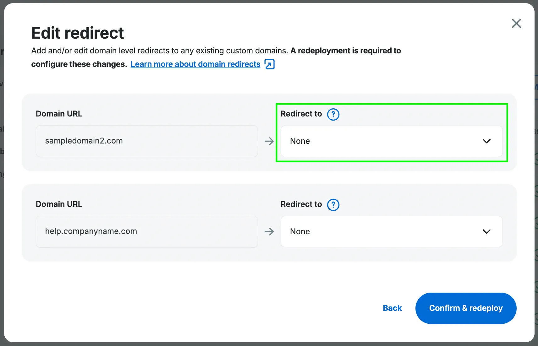 Screenshot of the edit redirect domains modal