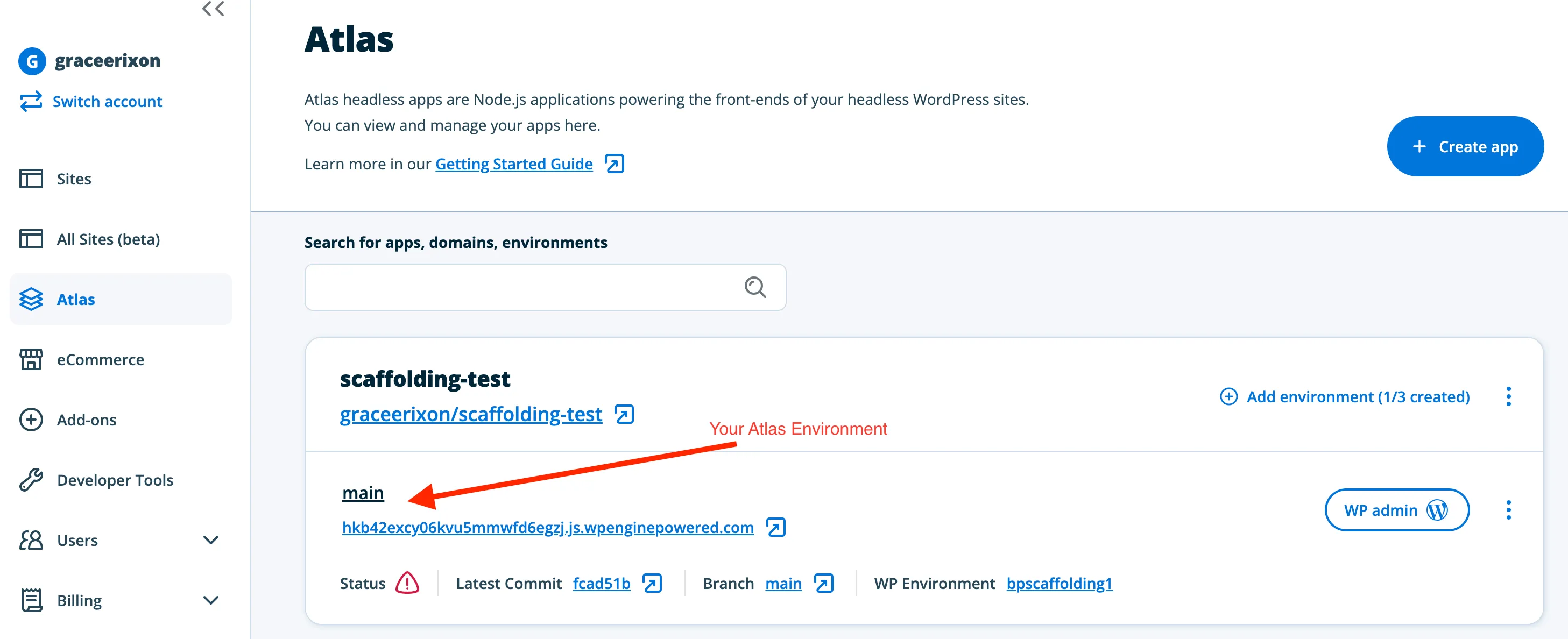 Select an Atlas app's environment link to visit it's Environment Details page