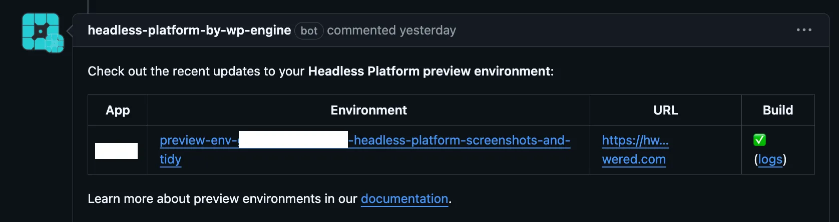 GitHub comment posted by the Headless Platform