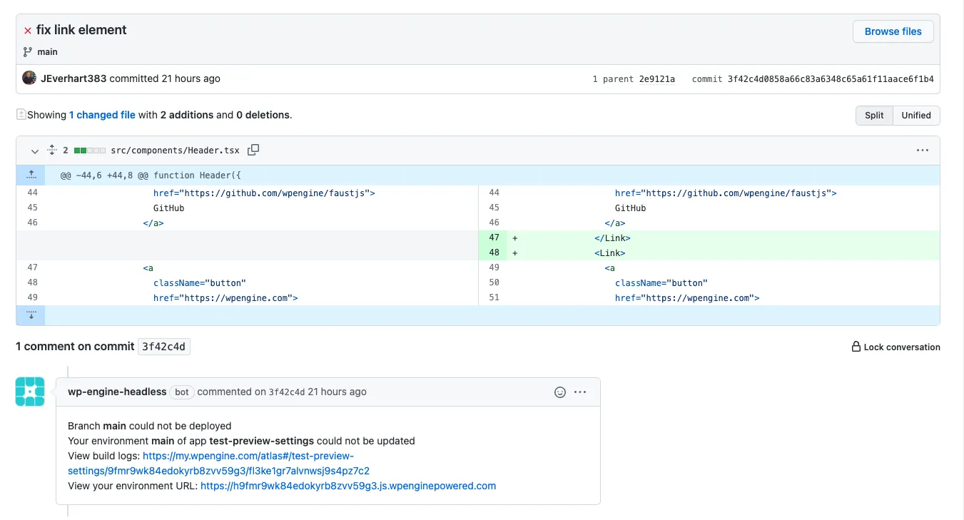 GitHub commit diff for a failing build