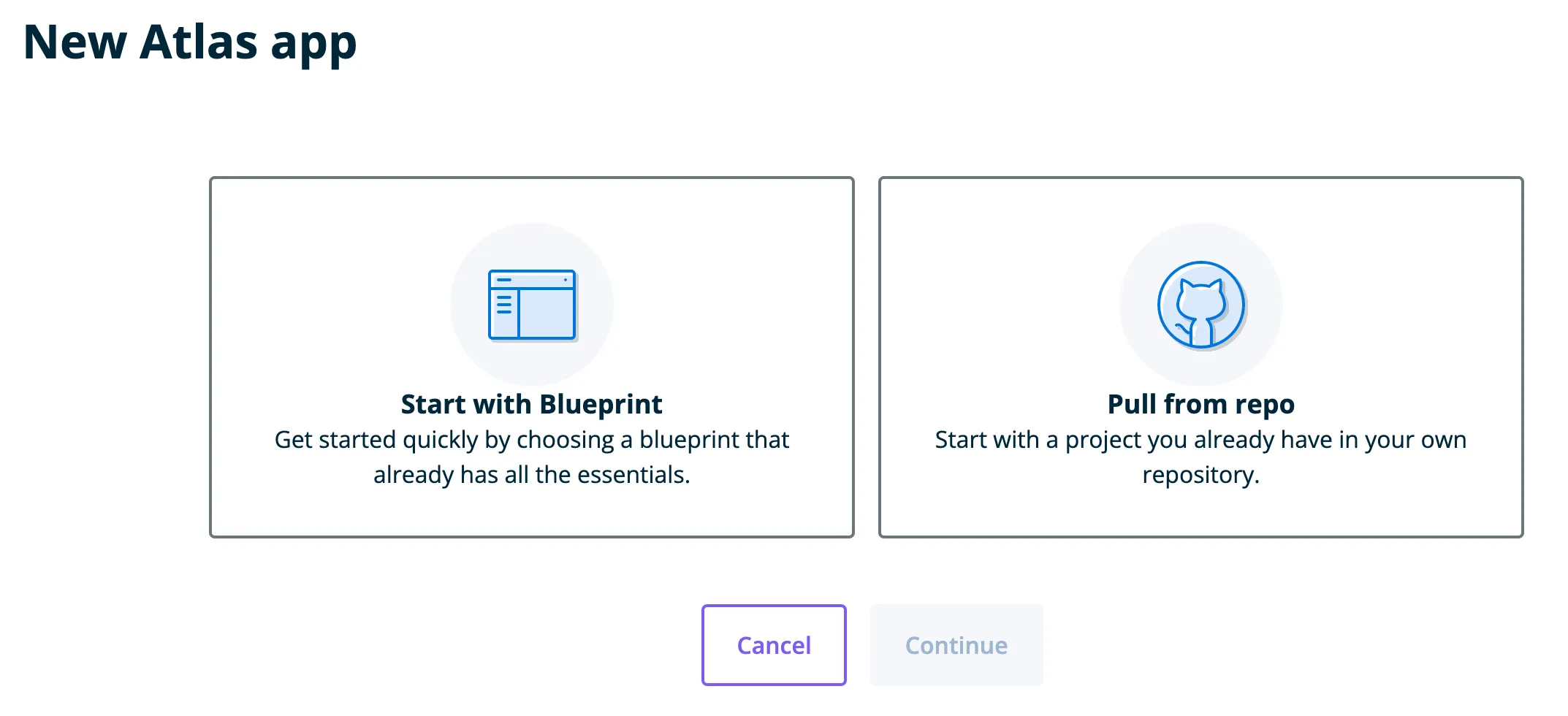 Options to create a new Atlas app including “Start with Blueprint” or “Pull from repo”