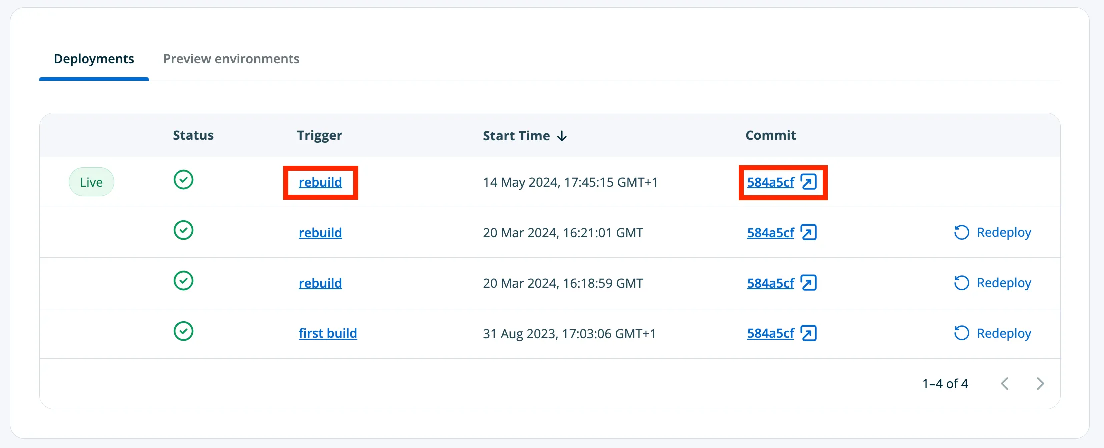 Build history for a Headless Platform environment