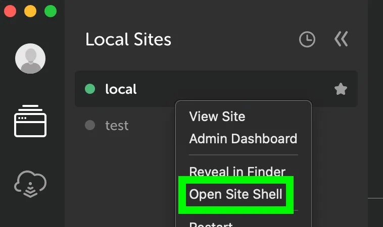 Screenshot showing the “Open Site Shell” option in the site contextual menu in the “Local” app.