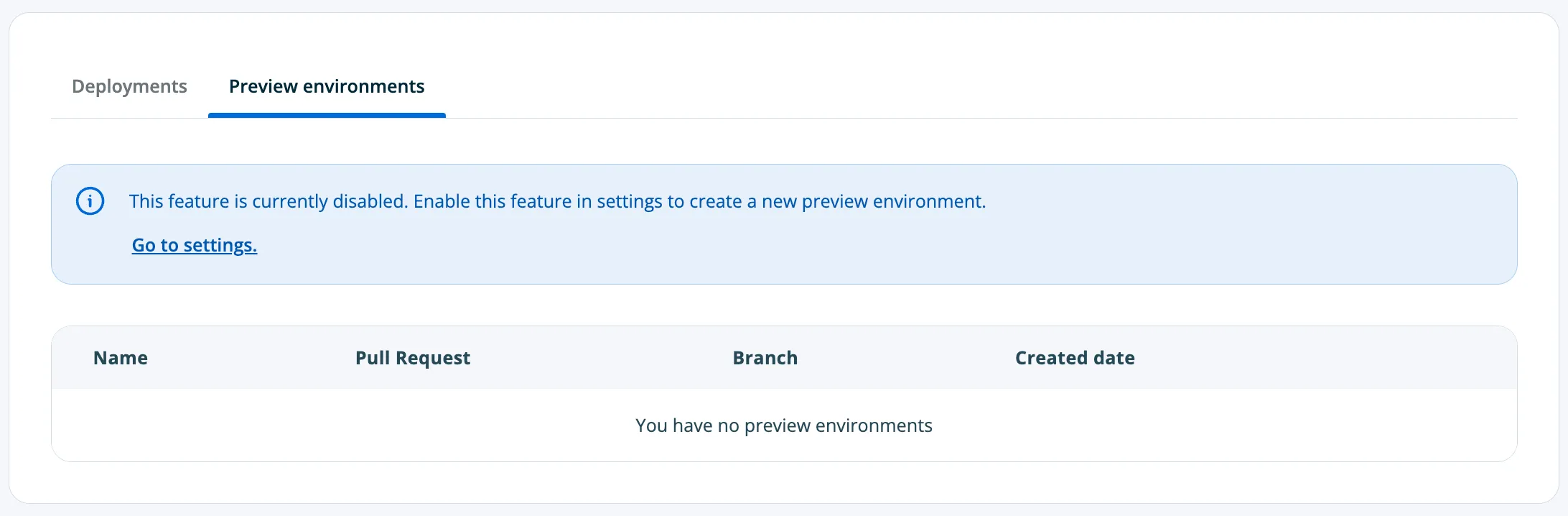 Open preview environments table