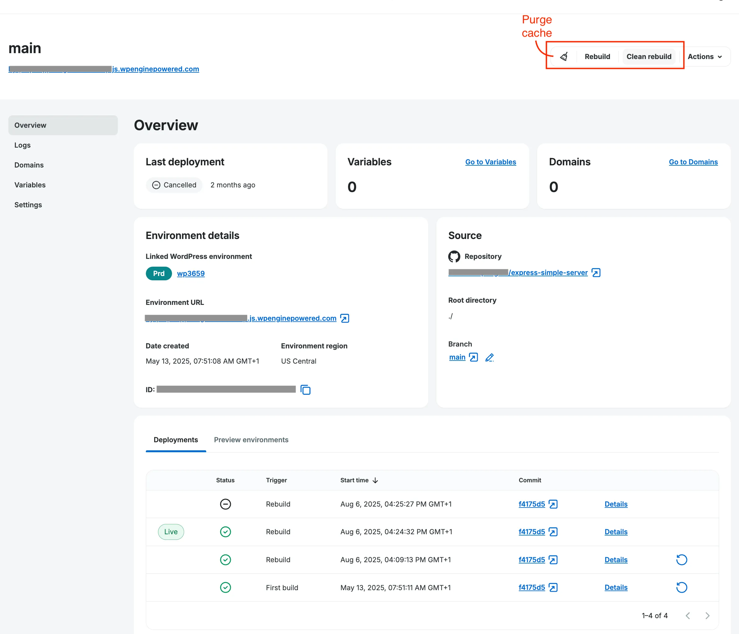 Environment Overview panel for Headless Platform app's environment with clean rebuild and domains cache highlighted
