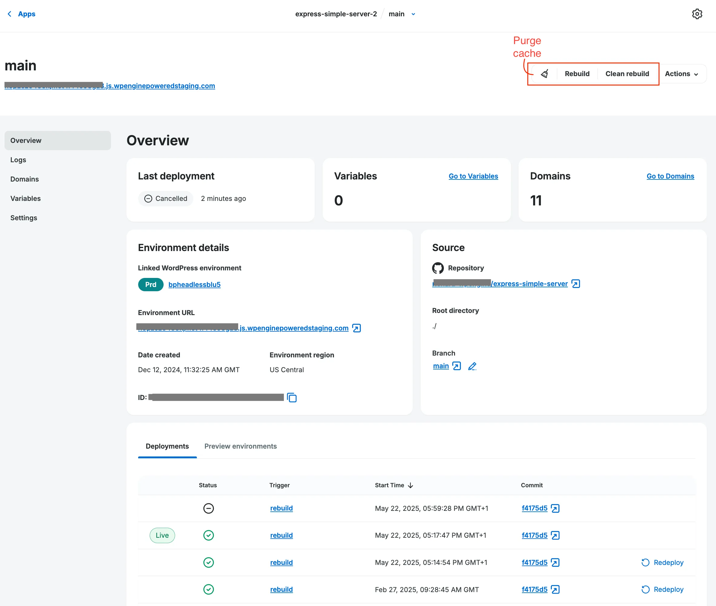 Environment details panel for Headless Platform app's environment with clean rebuild and domains cache highlighted