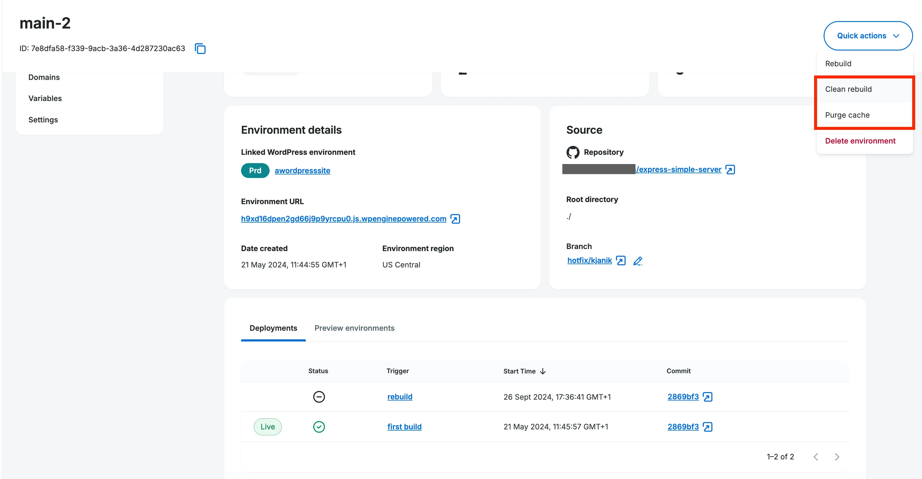 Environment details panel for Headless Platform app's environment with clean rebuild and domains cache highlighted