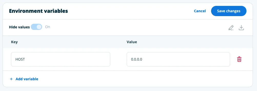 Screenshot of the "Add variable" screen with the "key" set to "HOST" and the "value" set to "0.0.0.0"
