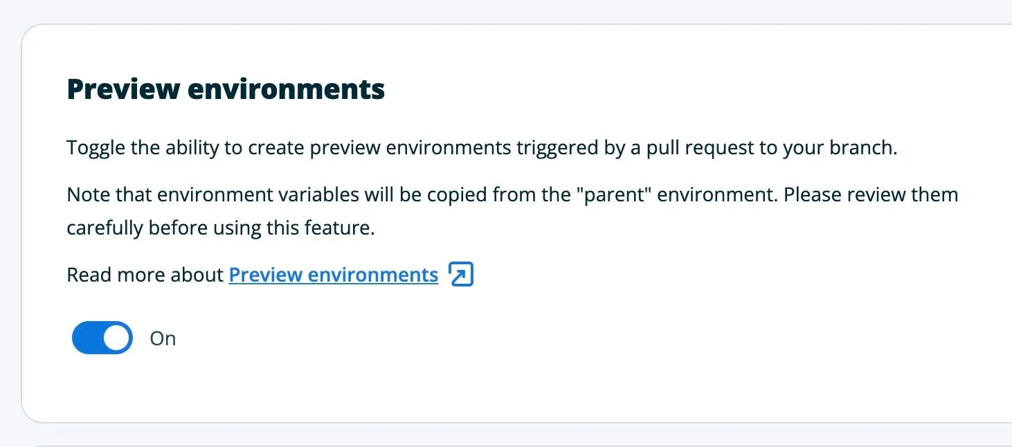 Preview Environment Settings Toggle