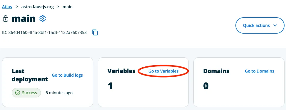 Screenshot of the top of the environment page in the WP Engine Portal with "Go To Variables" highlighed in the middle box.
